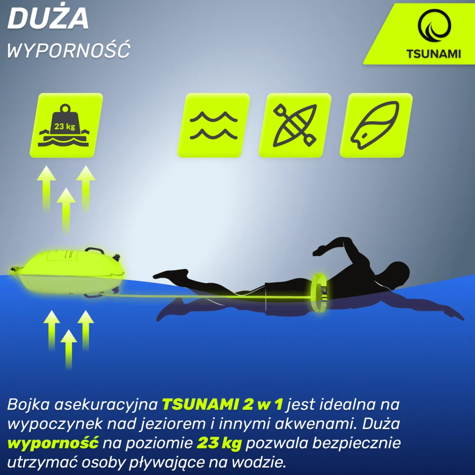 Bojka asekuracyjna do pływania z suchą kieszenią 2w1 TSUNAMI żółta