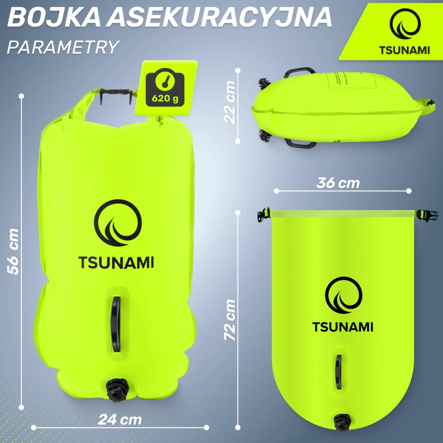 Bojka asekuracyjna do pływania z suchą kieszenią 2w1 TSUNAMI żółta