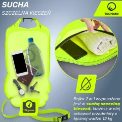 Bojka asekuracyjna do pływania z suchą kieszenią 2w1 TSUNAMI żółta