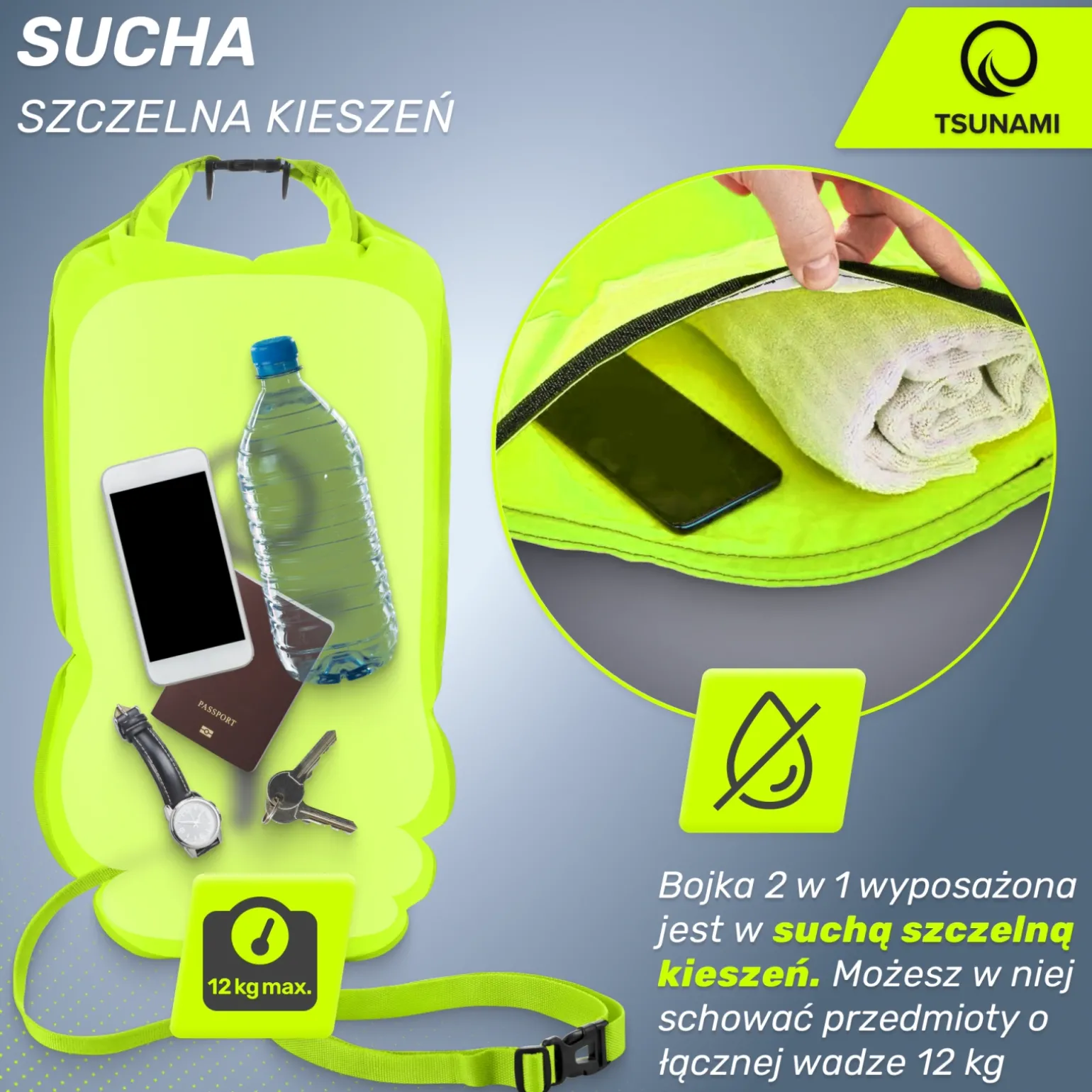 Bojka asekuracyjna do pływania z suchą kieszenią 2w1 TSUNAMI żółta
