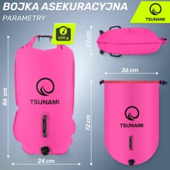 Bojka asekuracyjna do pływania z suchą kieszenią 2w1 TSUNAMI różowa