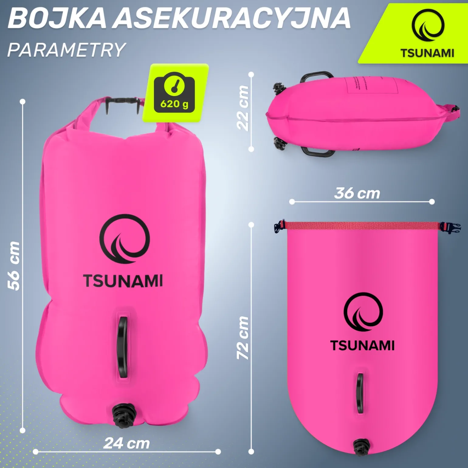 Bojka asekuracyjna do pływania z suchą kieszenią 2w1 TSUNAMI różowa