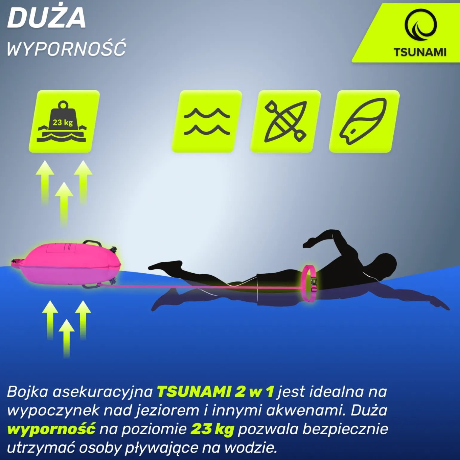 Bojka asekuracyjna do pływania z suchą kieszenią 2w1 TSUNAMI różowa