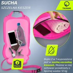 Bojka asekuracyjna do pływania z suchą kieszenią 2w1 TSUNAMI różowa