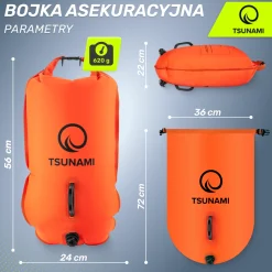 Bojka asekuracyjna do pływania z suchą kieszenią 2w1 TSUNAMI pomarańczowa