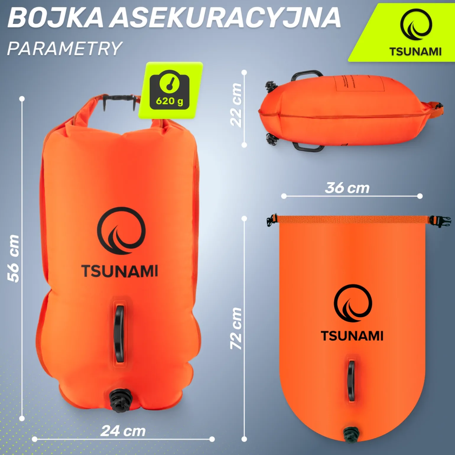Bojka asekuracyjna do pływania z suchą kieszenią 2w1 TSUNAMI pomarańczowa