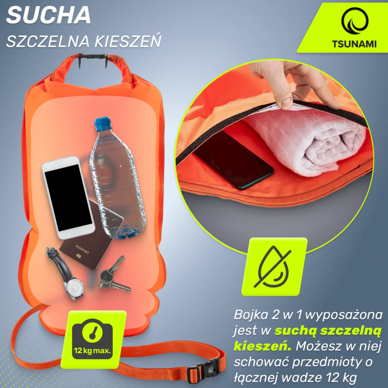 Bojka asekuracyjna do pływania z suchą kieszenią 2w1 TSUNAMI pomarańczowa
