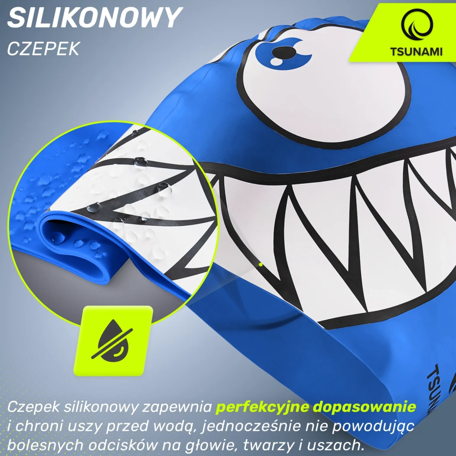 Czepek na basen dla dzieci TSUNAMI SHARK niebieski
