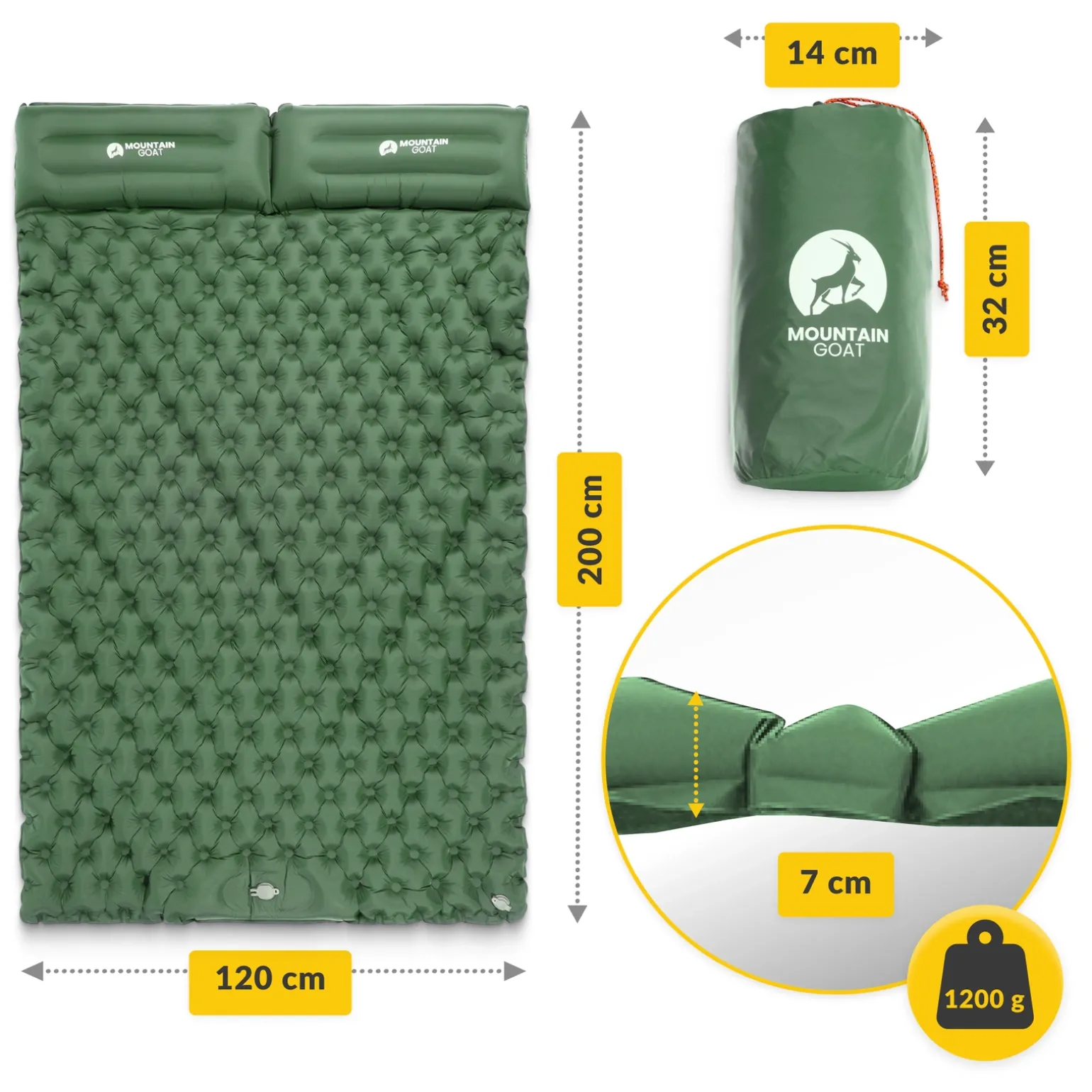 Dmuchany materac turystyczny dwuosobowy samopompujący Mountain Goat khaki
