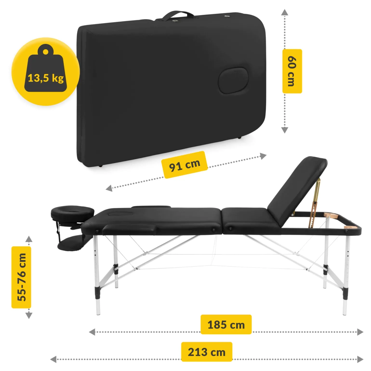 Stół do masażu aluminiowy z regulacją blatu 60 cm czarny